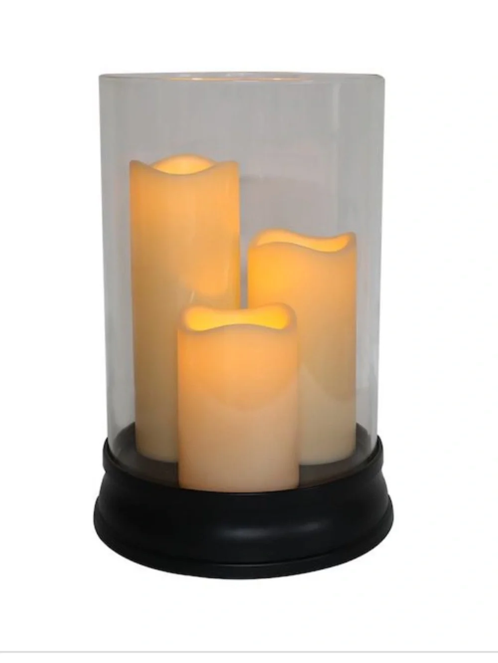 GLASS HURRICANE CANDLE HOLDER WITH 3 FLAMELESS CANDLES